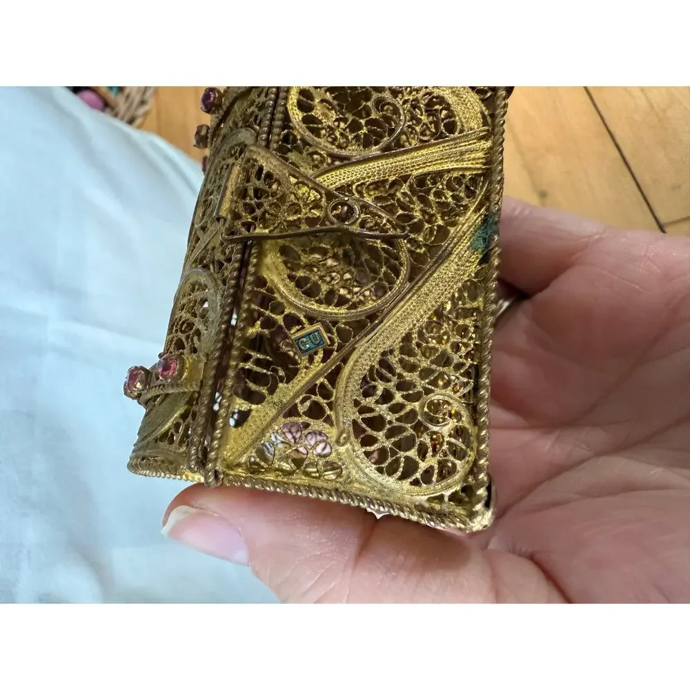 Vintage miniature‎ filigree gold tone chest trunk collectible jewelry box